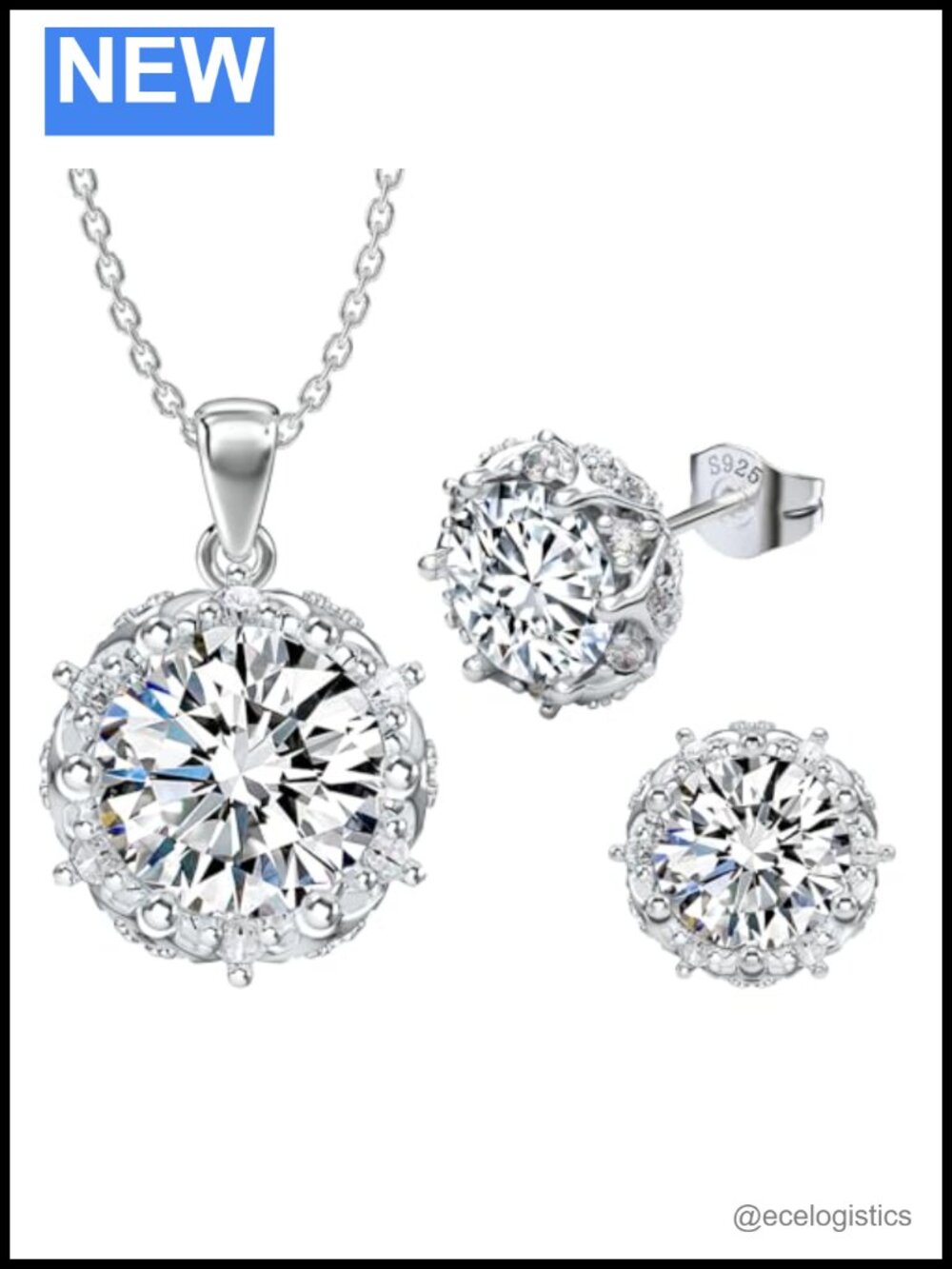 Moissanite Necklace Earring Set 925 Sterling Silver 18K White Gold Plated